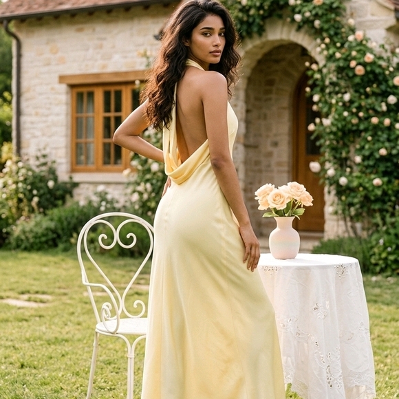 Zara Pale Yellow Halter Backless Satin Maxi Dress - Picture 6 of 8